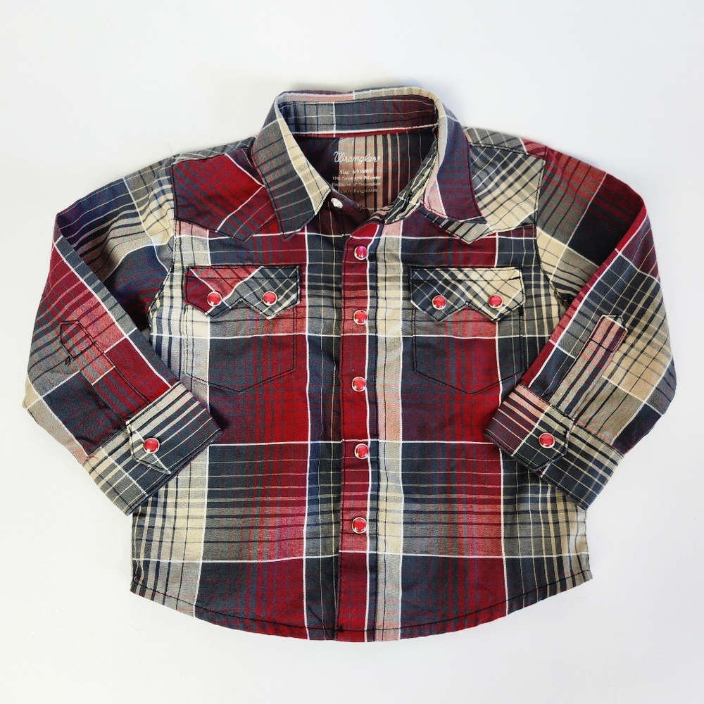 Wrangler Shirt Boys Size 6/9M Red Flannel Pearl‎ Snap Button Up Western Wear